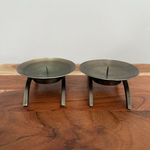 2- Pillar Candlestick Holder 4.5" Bronze Metal Brutalist MCM Modern Art Abstract - Picture 3 of 13